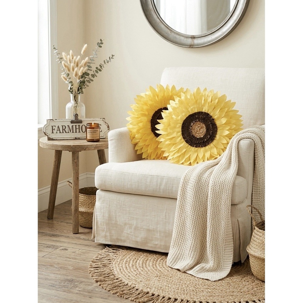 Set of 2 3D Sunflower Decorative Throw Pillows - 14 Yellow Floral Accent